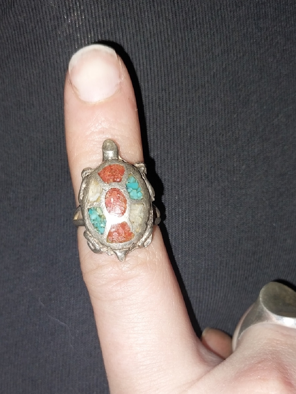 Vintage Native American Sterling Silver Turtle Ring with Coral & Turquoise Inlay